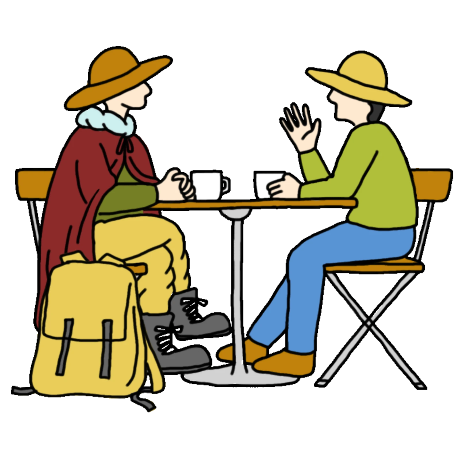 テーブルをはさんで、旅のせんぱいと語り合うイラスト