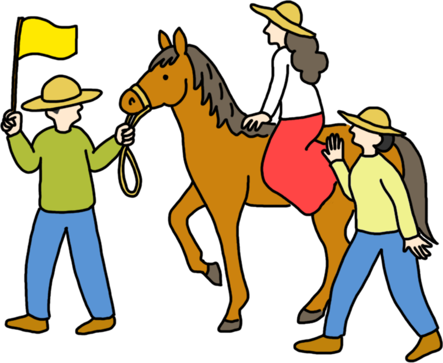 馬を引いて一緒に歩く旅の仲間たちのイラスト